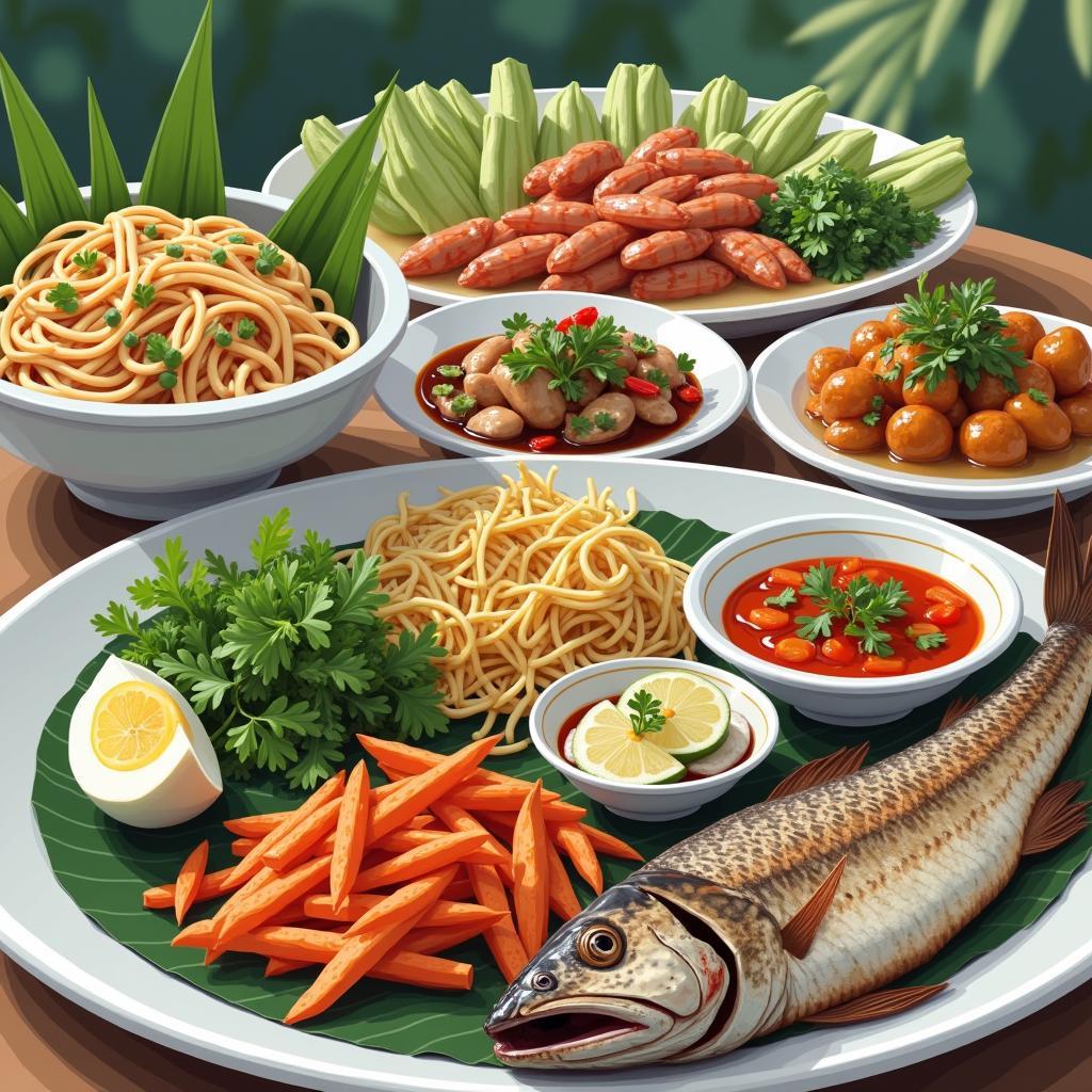 Các món ăn dân dã đặc trưng miền Tây như cá lóc nướng, lẩu mắm tại nhà hàng sinh thái Bình Xuyên.